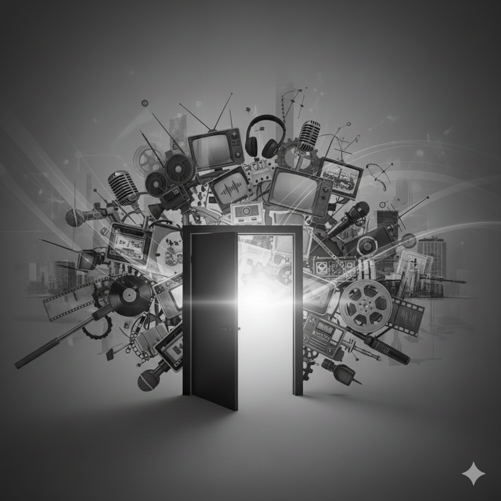 Media related elements around an open door signifying opportunities at our media house